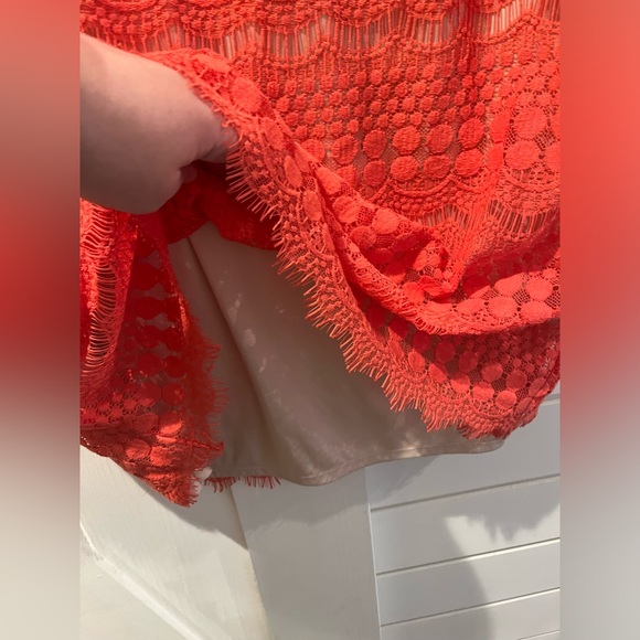 Laura Plus Coral Overlay Shear Lace shift dress with 3/4 length Boho fringe - Picture 6 of 12